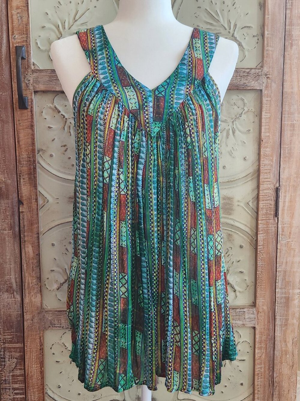 World Market Boho Colorful Pleated Sleeveless V-neck Rayon Tunic | S/M